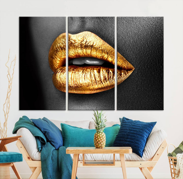 Gold Lips Canvas Wall Art Print Makeup Wall Art Fashion Beauty Canvas Print