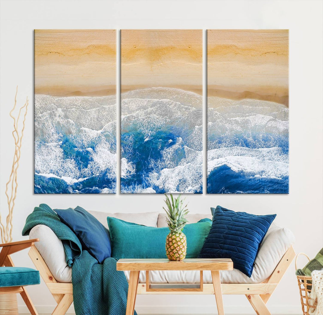 Maravilloso lienzo de playa aérea, impresión artística de pared, paisaje de playa, arte oceánico, pintura abstracta grande, lienzo original enmarcado listo para colgar obras de arte para sala de estar, cocina, dormitorio, decoración del hogar