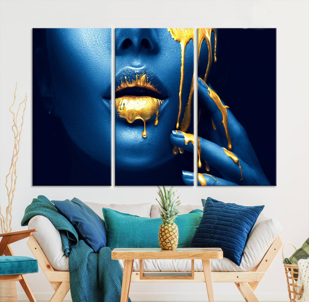 Neón Azul Oro Labios Sensual Fotografía Lienzo Pared Arte Impresión Moda Arte Belleza