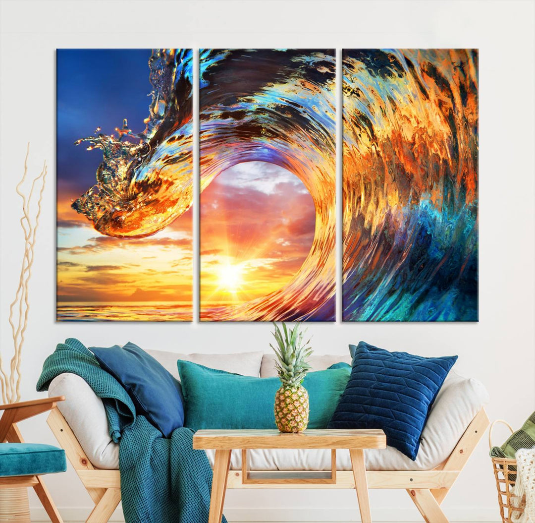 Wave Canvas Wall Art – Multi-Panel Sunset Ocean Scene – Bold and Vibrant Decor for Living Room or Office – Ready to Hang