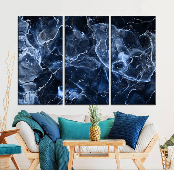 Arte de pared grande con efecto ahumado de mármol azul, lienzo abstracto moderno, impresión artística de pared