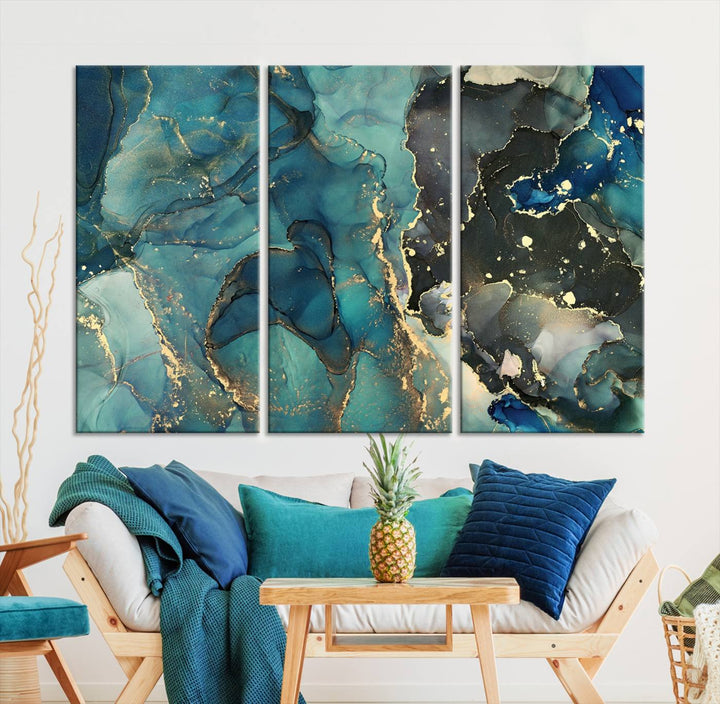 Green and Gold Marble Fluid Effect Wall Art Abstract Canvas Wall Art Print