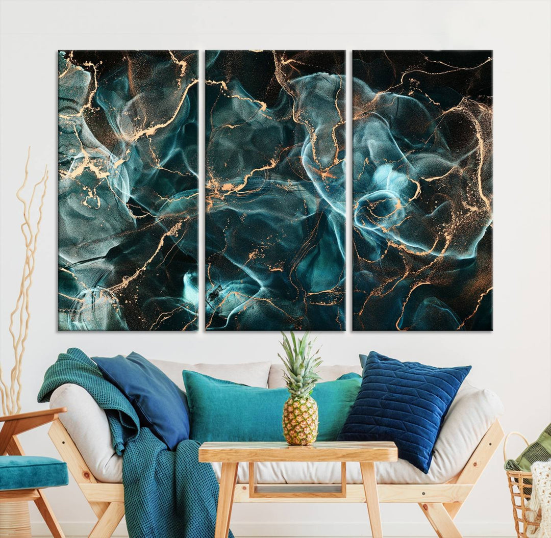 Neon Blue Marble Smokey Effect Wall Art Abstract Canvas Wall Art Print