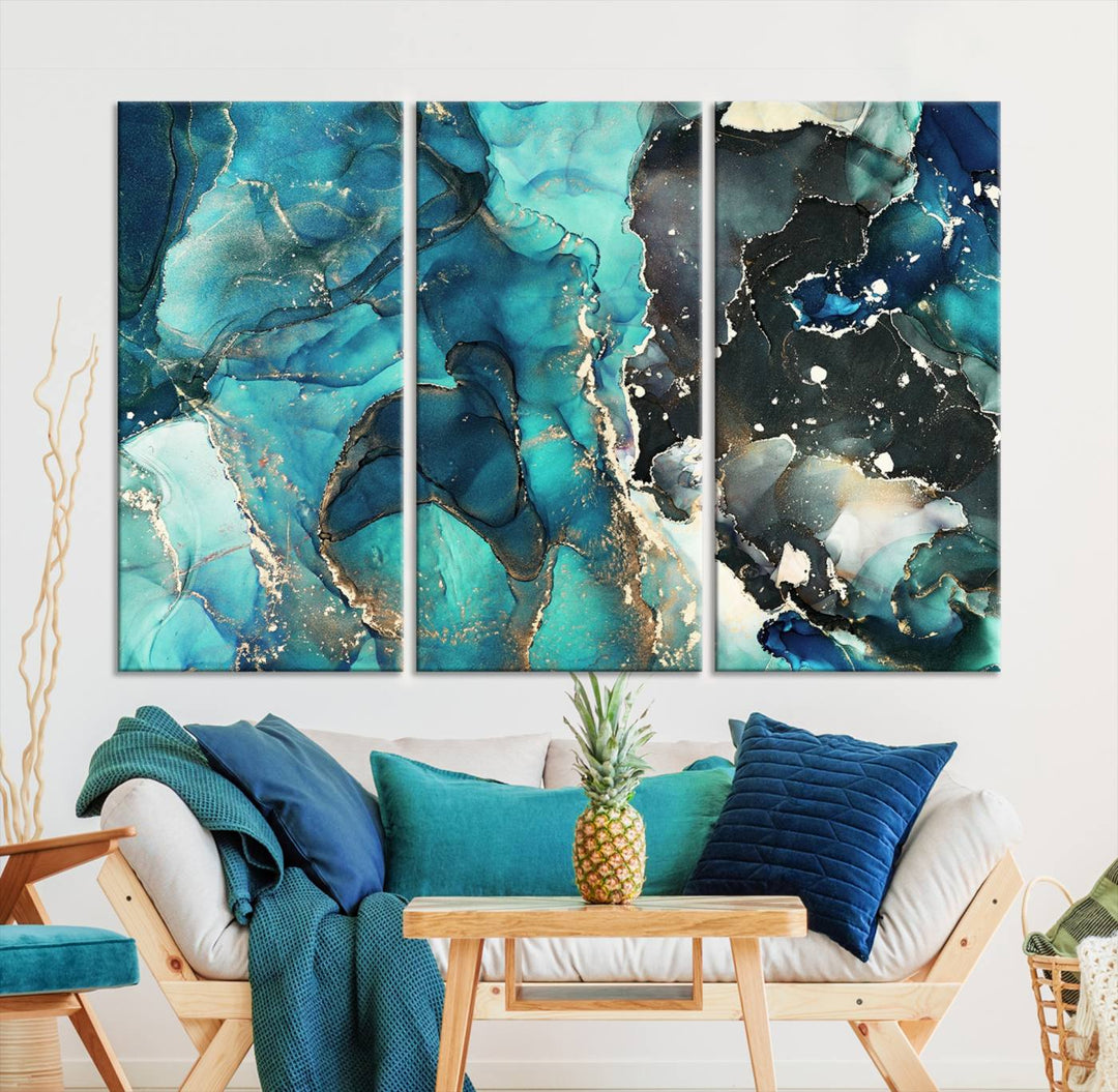 Stylish Teal Color Gold Abstract Canvas Wall Art Print