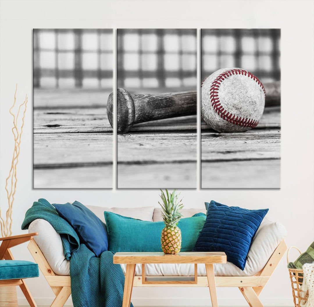 Lienzo de béisbol vintage para pared, impresión de béisbol, arte imprimible, arte retro, deportes, arte de pared, impresión en lienzo grande, varias piezas enmarcadas listas para colgar, juego de 3 paneles de lienzo, fotografía en blanco y negro