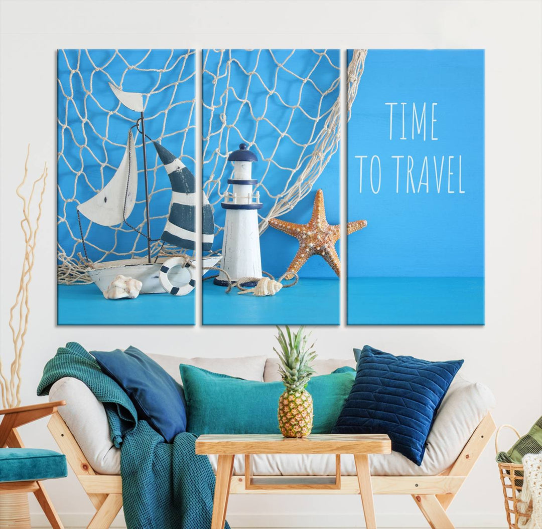 Sailing Boat Starfish and Lighthouse Wall Art Canvas Print