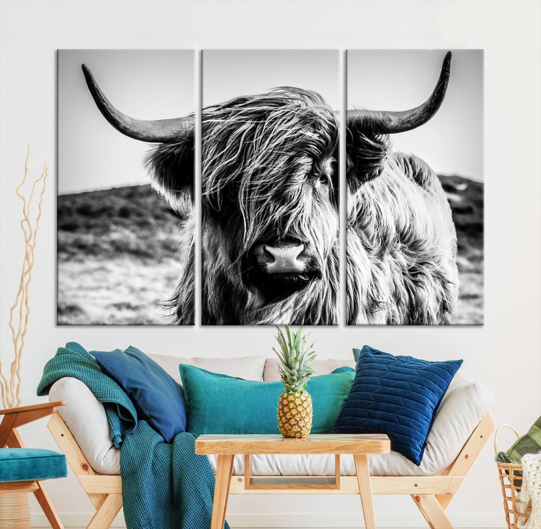 Highland Cow Wall Art | 3-Panel Black and White Highland Cow Canvas Print for Western Farmhouse Decor | Large Framed Giclee Canvas for Living Room