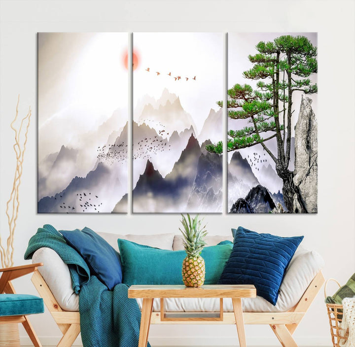 Japanese Tree Mountain Wall Art Canvas Print