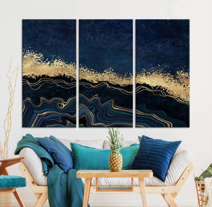 Navy Blue Marble Fluid Effect Large Wall Art Modern Abstract Canvas Wall Art Print