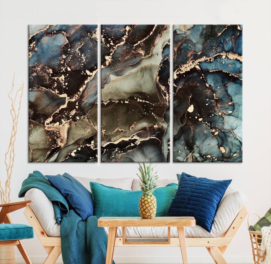 Black and Blue Marble Fluid Effect Wall Art Abstract Canvas Wall Art Print