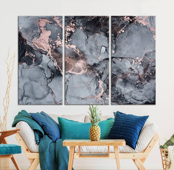 Gray and Rose Gold Marble Fluid Effect Wall Art Abstract Canvas Wall Art Print