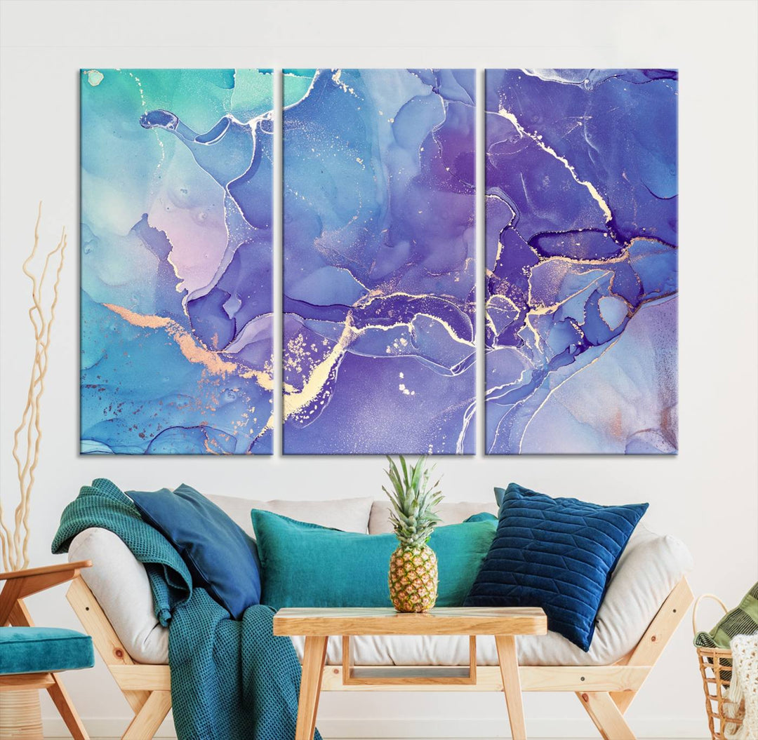 Arte de pared grande con efecto fluido de mármol azul y morado, lienzo abstracto moderno, impresión artística de pared