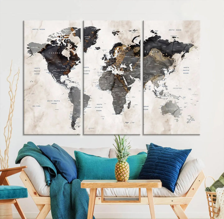 The dining room wall is adorned with the World Map Canvas Print – Earthy Triptych Wall Art, a vintage global map decor featuring dark continents.