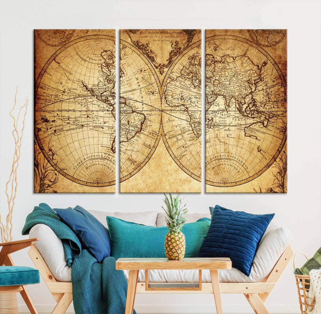 Vintage World Map Wall Art | 3-Panel Canvas Print for Living Room, Office, or Study | Giclee Canvas with Antique Design