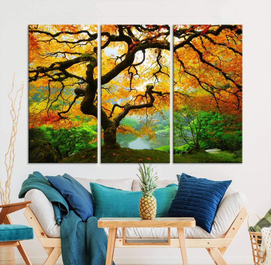 Portland Japanese Maple Tree Canvas Wall Art – Nature Landscape Print – Framed and Ready to Hang for Living Room or Office Decor