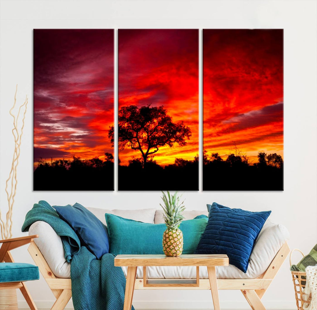 Red Sunset Landscape Artwork Printing, Forest Tree Wall Art Canvas Print