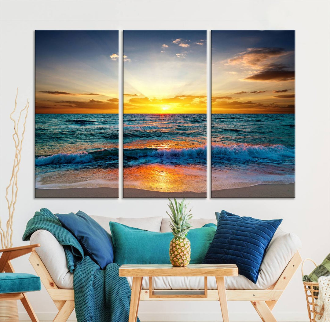 Vibrant Ocean Sunrise Over Golden Beach Waves, Giclee Canvas Wall Art Set, High-Quality Stretched Canvas Print, Ready to Hang Coastal Sunset Wall