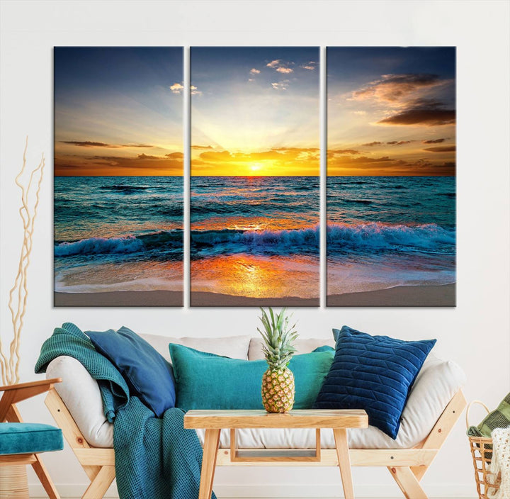 Vibrant Ocean Sunrise Over Golden Beach Waves, Giclee Canvas Wall Art Set, High-Quality Stretched Canvas Print, Ready to Hang Coastal Sunset Wall