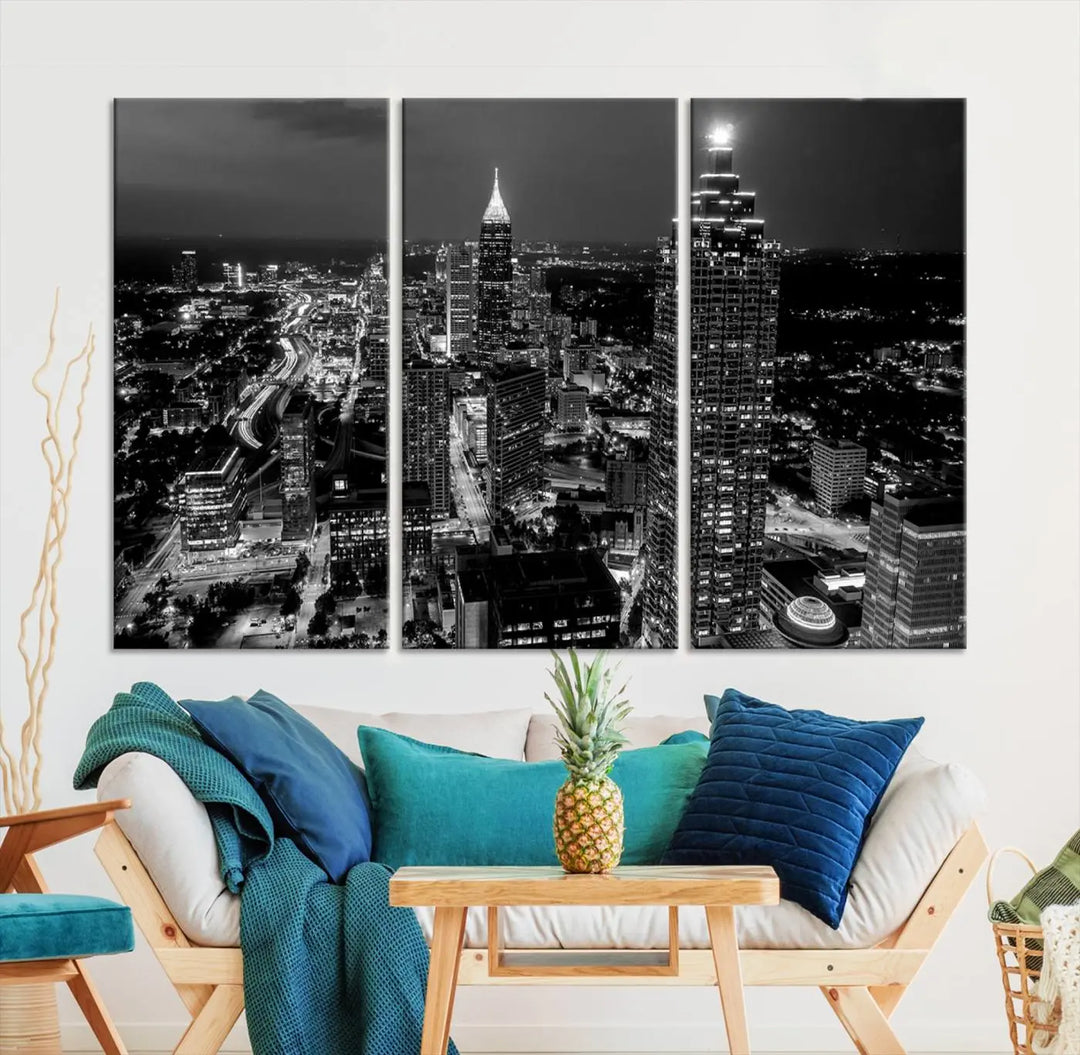 The Atlanta City Lights Skyline Black and White Wall Art Cityscape Canvas Print is elegantly displayed on the wall. These museum-quality canvases arrive ready to hang, making your art display both effortless and sophisticated.