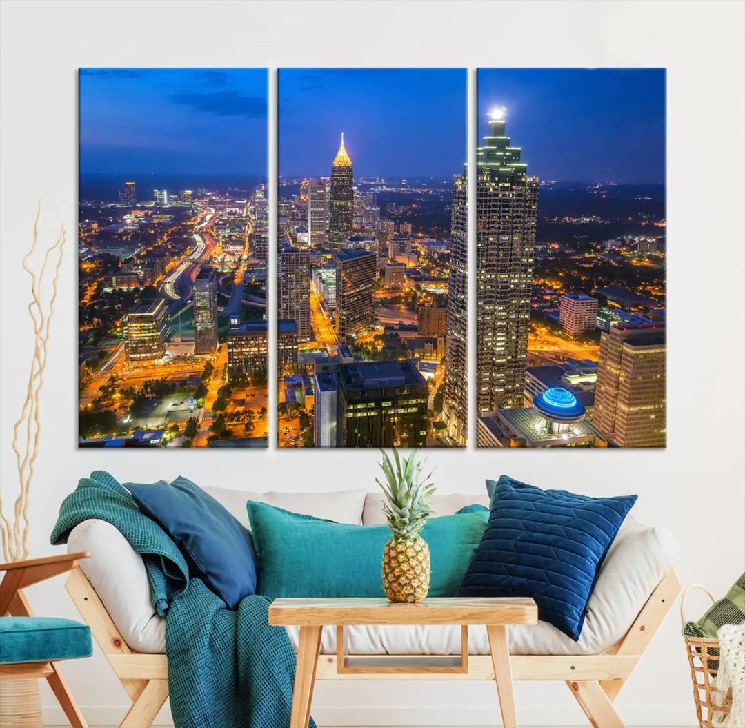 An elegant Atlanta City Blue Skyline Cityscape View Wall Art Canvas Print graces the wall, offering a sophisticated addition to your living space. Enjoy free shipping on this stylish piece.