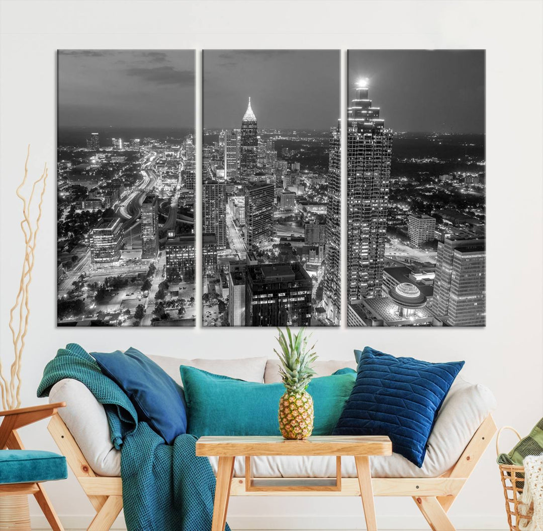 Atlanta City Skyline Art mural noir et blanc Paysage urbain Impression sur toile