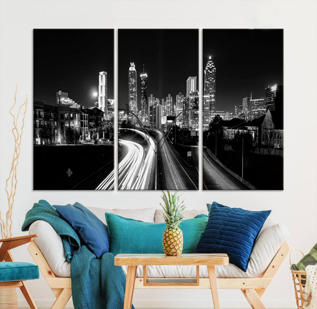 Atlanta City Lights Skyline Art mural noir et blanc Paysage urbain Impression sur toile