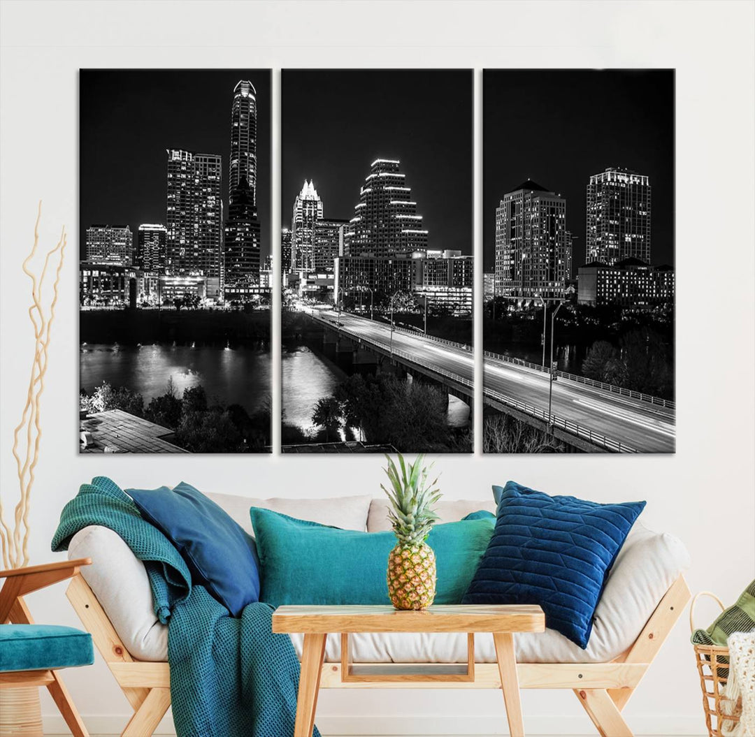 Austin City Lights Skyline Art mural noir et blanc Paysage urbain Impression sur toile