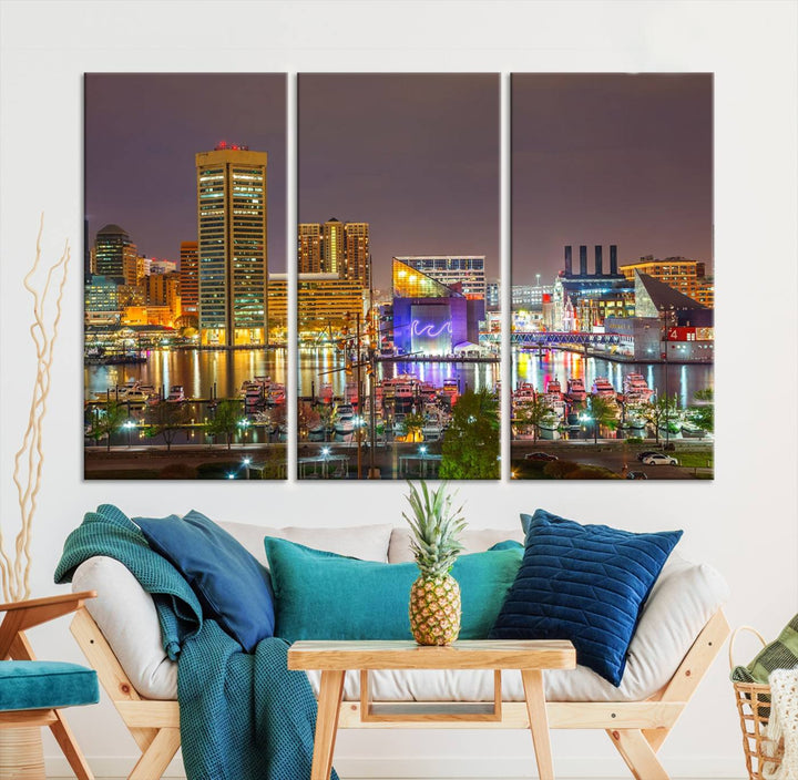 The Baltimore City Lights Night Skyline Cityscape View Wall Art Canvas Print is elegantly displayed on museum-quality canvas.