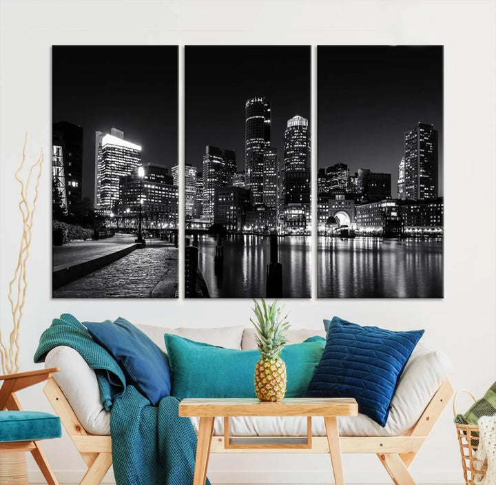 The living room showcases the Boston City Lights Skyline Black and White Wall Art Canvas Print.