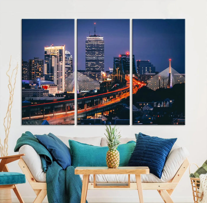 The "Boston City Lights Night Skyline Cityscape View" artwork on the wall showcases a brightly lit bridge at night. It is displayed on museum-quality canvas with a UV-protective coating.