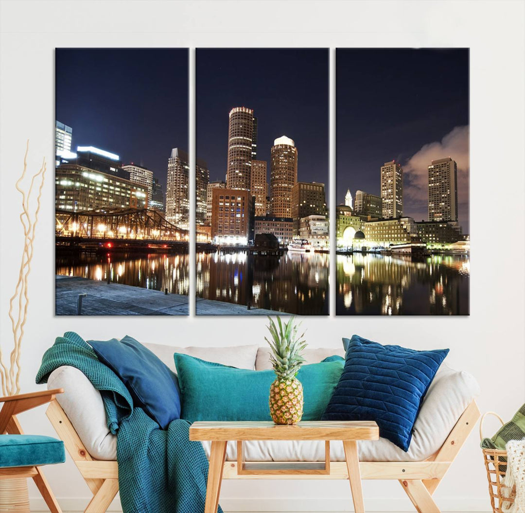 The Boston City Lights Skyline Cityscape View Wall Art Canvas Print showcases a nighttime cityscape on museum-quality canvas.