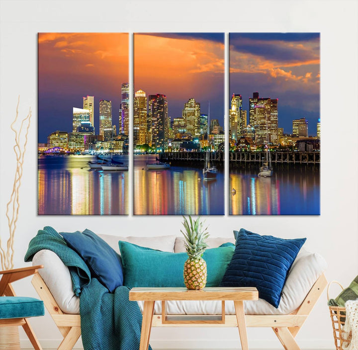 Boston City Night Blue and Orange Skyline Cityscape View Wall Art Canvas Print 