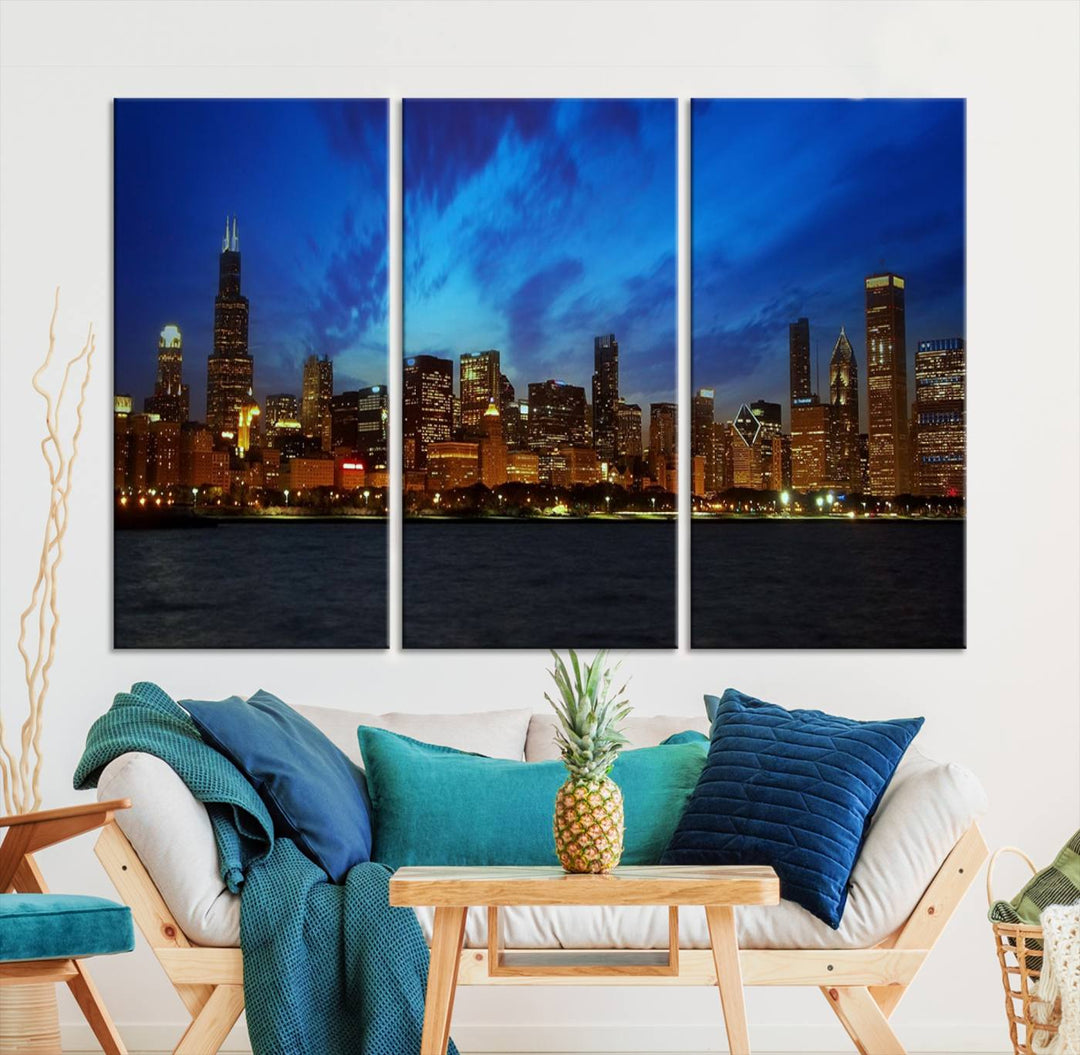 The "Chicago City Lights Night Blue Wall Art Canvas Print," a triptych of a city skyline at dusk rendered on museum-quality canvas with UV-protective coating, is featured in the living room.