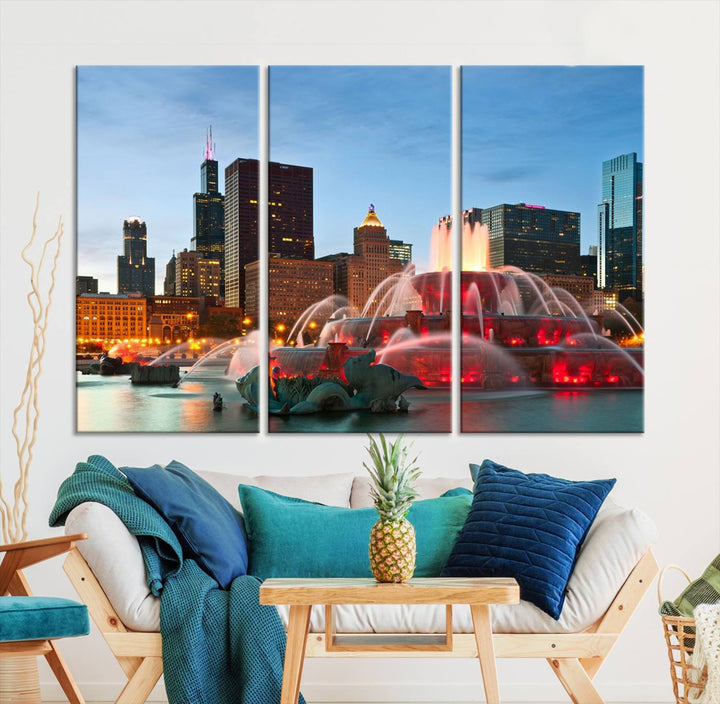 Impresión en lienzo de arte de pared grande con vista del paisaje urbano del horizonte nocturno de las luces de la ciudad de Chicago