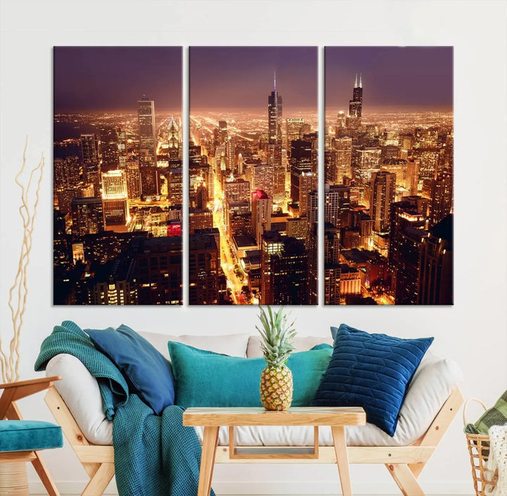 A large artwork showcasing the Chicago Night Skyline cityscape is elegantly displayed on a gallery-wrapped, museum-quality canvas.