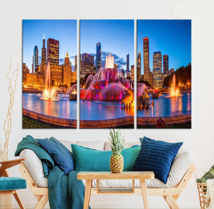 Chicago City Colorful Lights Night Skyline Cityscape View Wall Art Canvas Print