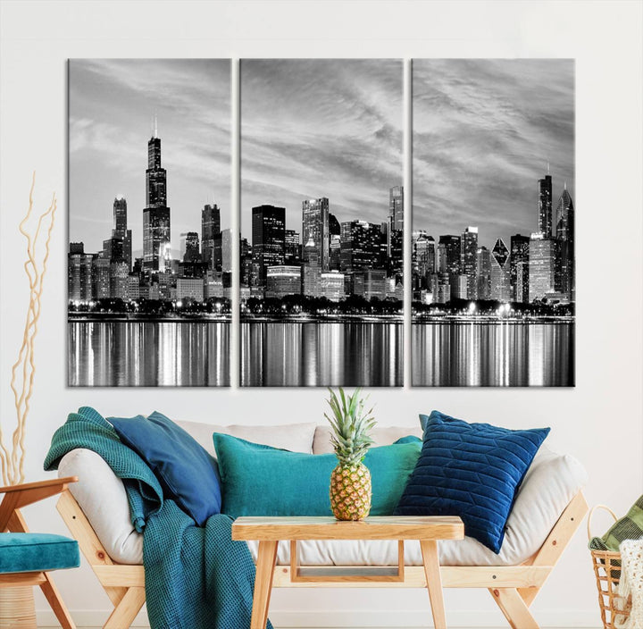 Chicago City Cloudy Skyline Black and White Wall Art Cityscape Canvas Print