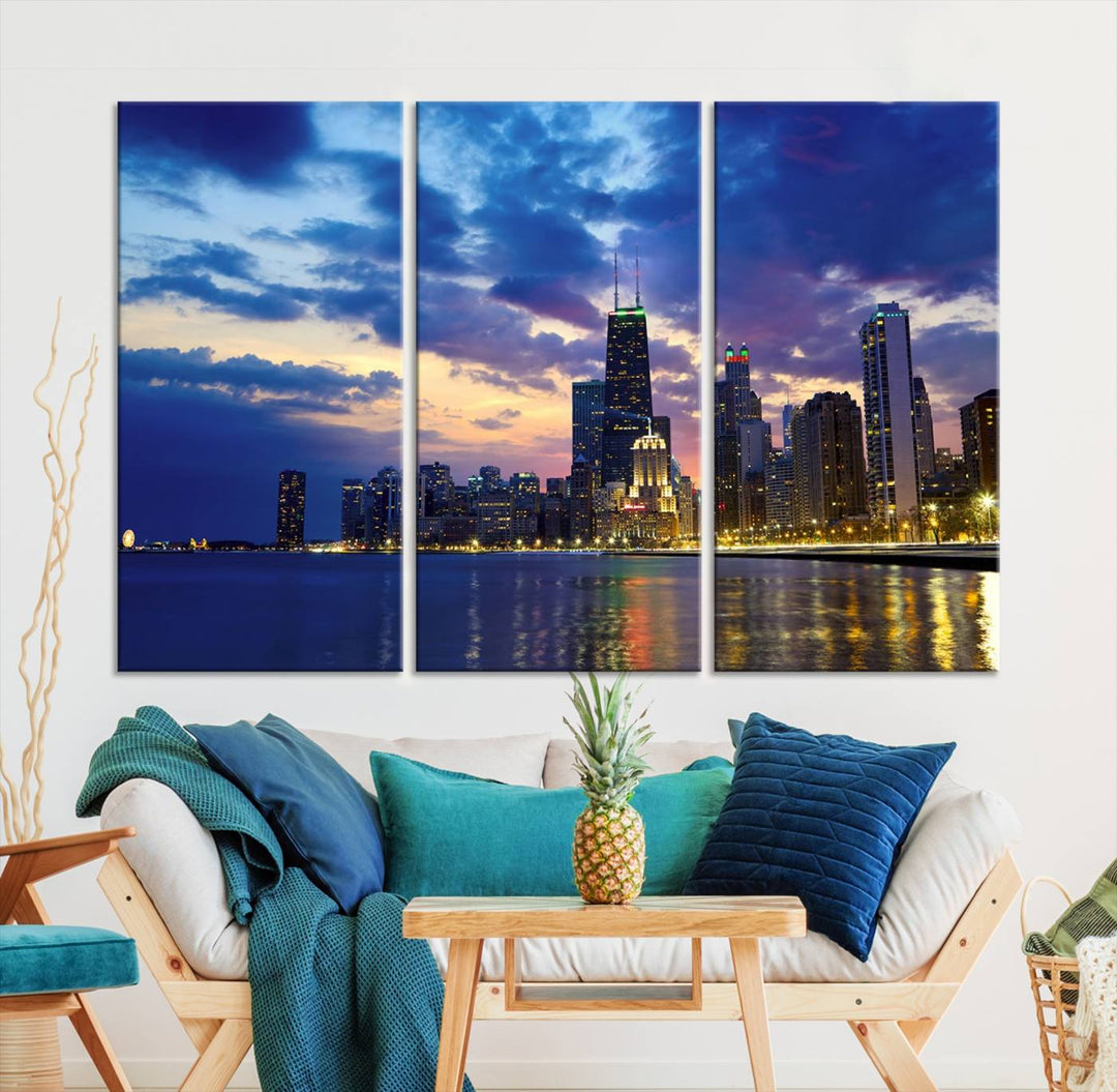 Chicago City Lights Nuit Nuageux Bleu Skyline Cityscape View Wall Art Impression sur toile