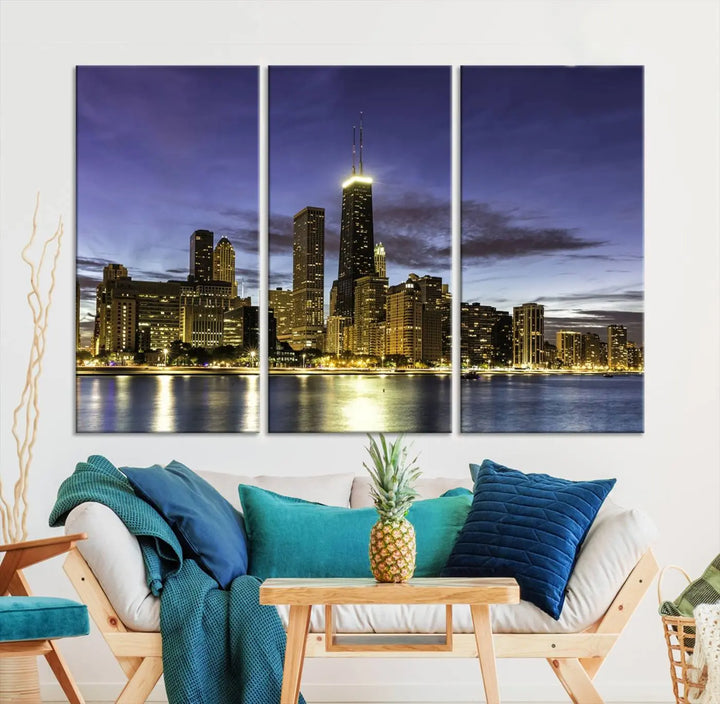 Chicago Night Skyline Cityscape Canvas Picture Print is a stunning three-panel wall art piece, perfect for adding sophistication to any setting. Crafted by professional artisans, this artwork features museum-quality canvases designed to enhance your space. Enjoy free shipping with your purchase.