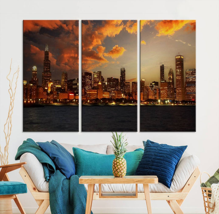 Chicago City Lights Sunset Orange Cloudy Skyline Cityscape View Wall Art Canvas Print