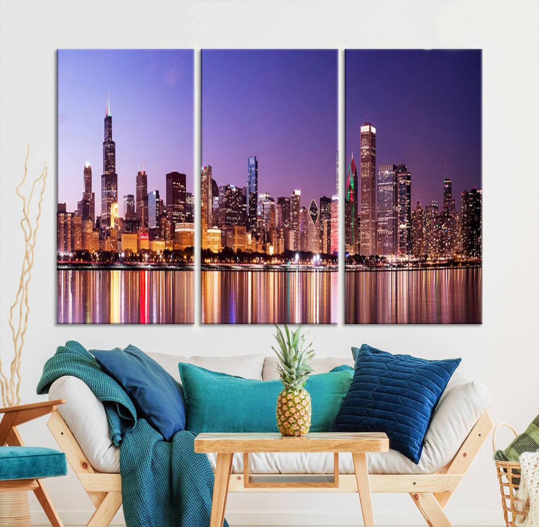 Chicago City Lights Night Purple Skyline Cityscape View Wall Art Canvas Print