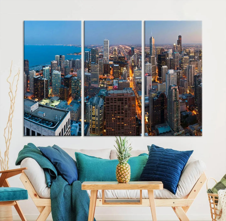 Product Name: Chicago Night Skyline Wall Art City Cityscape

Artwork Description: This artwork is a triptych depicting the Chicago city skyline at night. Created on museum-quality canvas with a UV-protective coating, it comes ready to hang and seamlessly enhances any space.