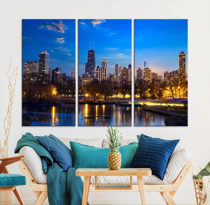 A triptych photo titled "Chicago City Lights Night Blue Skyline Cityscape View Wall Art Canvas Print" is elegantly displayed on gallery-wrapped, museum-quality canvases.