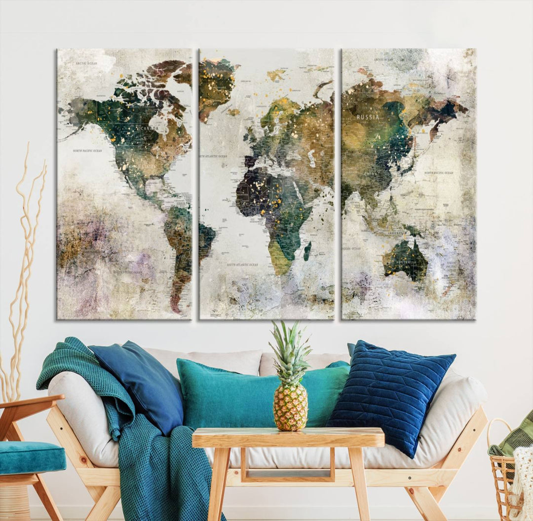 Impresión de arte de pared de mapa del mundo grande - Mapa en lienzo Galería Juego de pared de 3 paneles Regalo para mapa de viajero