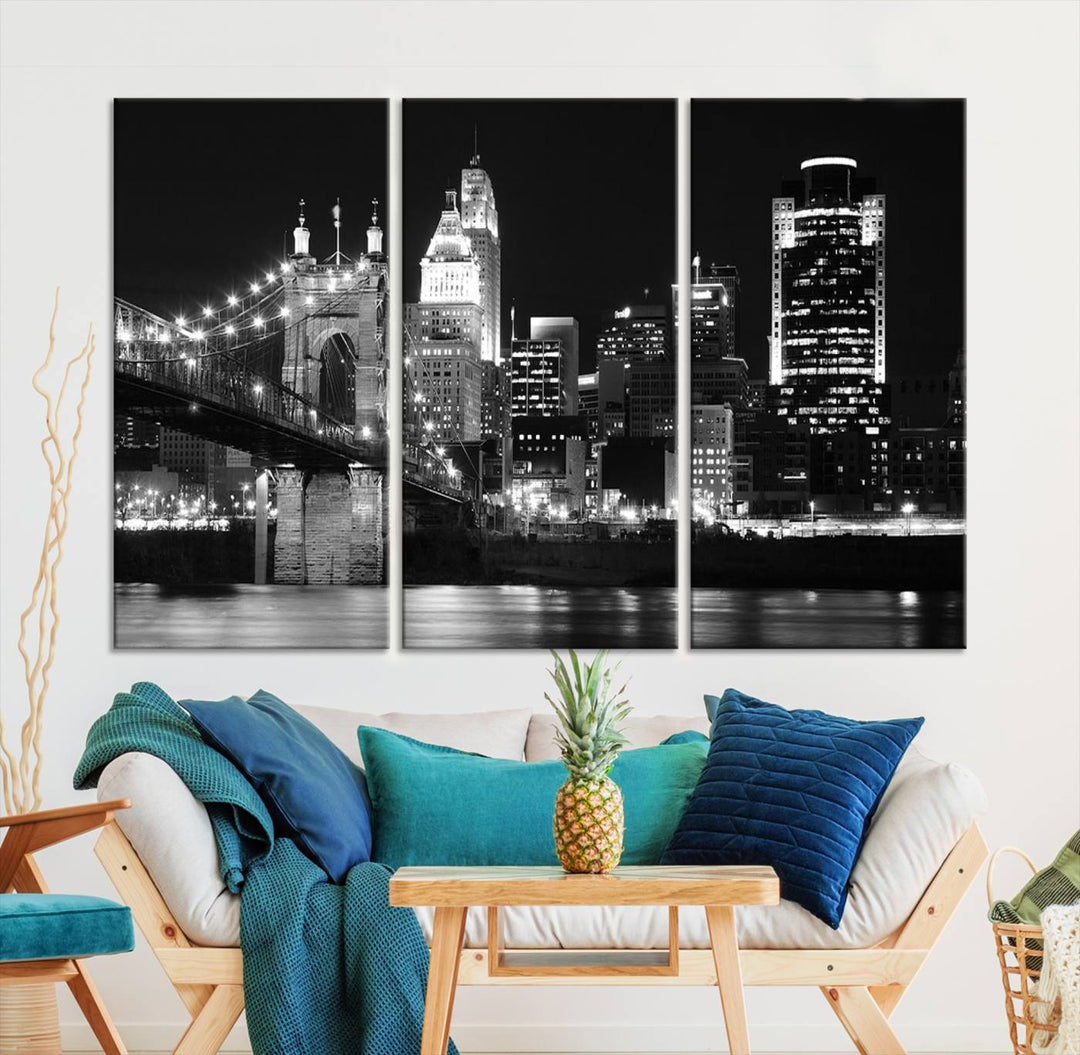 The Cincinnati City Skyline Black and White Wall Art Cityscape Canvas Print is prominently displayed.