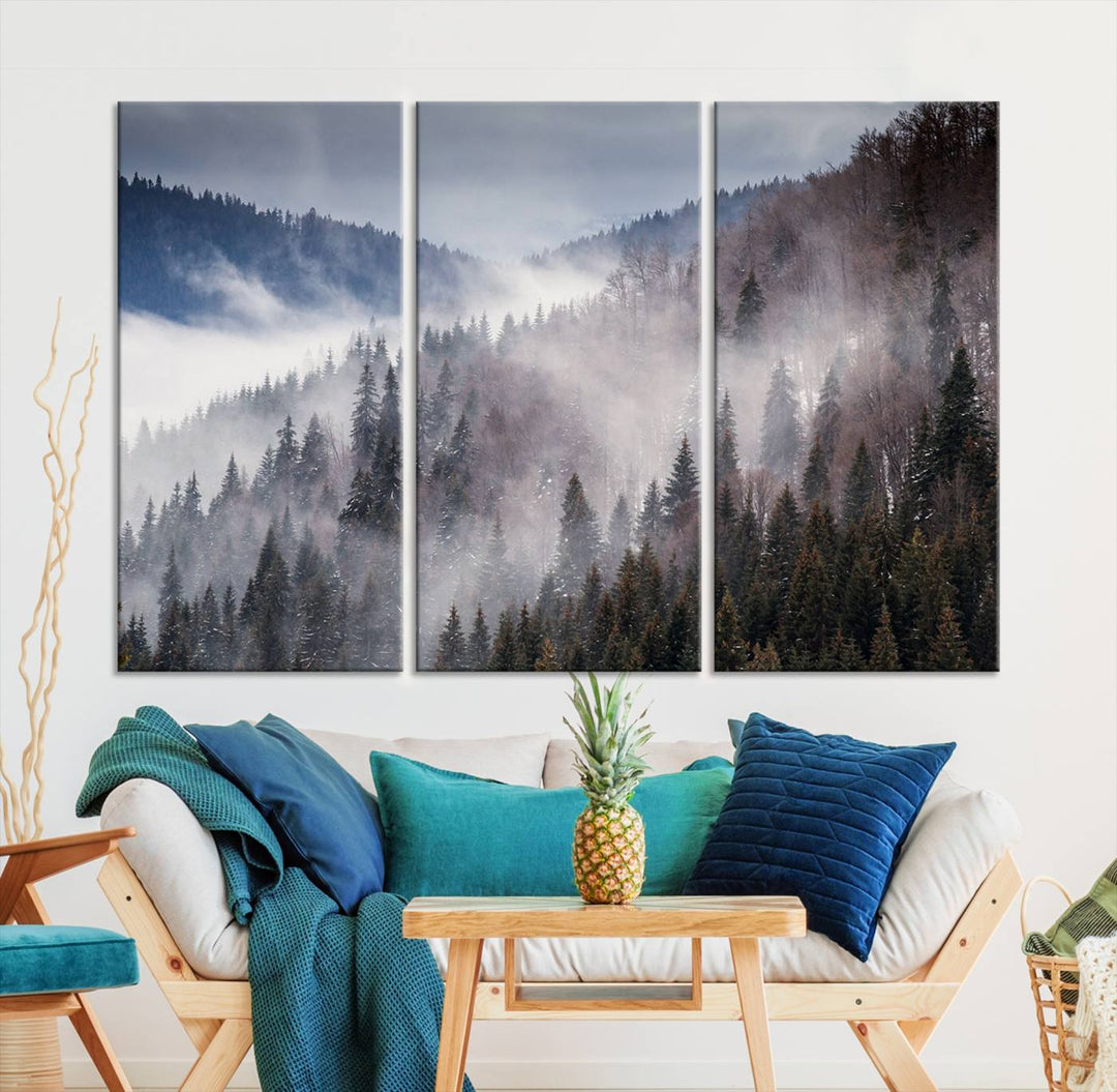 The "Beautiful Rising Fog in Winter Mountain Landscape" wall art is presented on museum-quality canvas, adding a striking visual element to the living room.