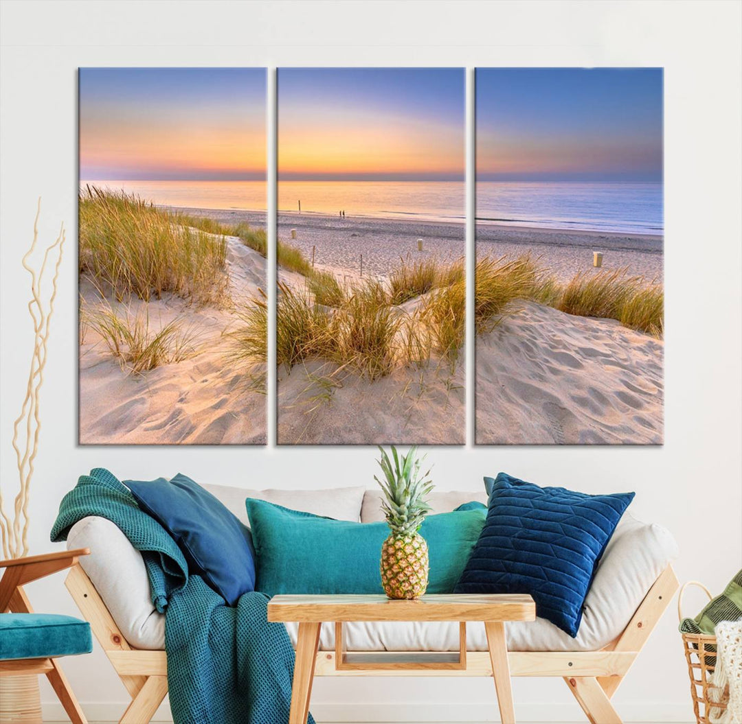 The "Sunset Silence on the Beach" wall art canvas print features a serene beach scene at sunset on museum-quality canvas with a UV-protective coating.