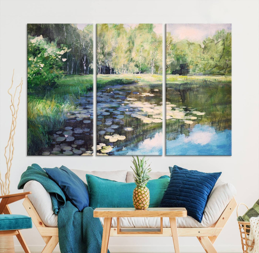 The "Forest Pond River Lake Wall Art Canvas Print" showcases a serene lakeside landscape with trees and water lilies. Crafted on museum-quality canvases and enhanced with UV-protective coating, this piece serves as an elegant addition to any space.