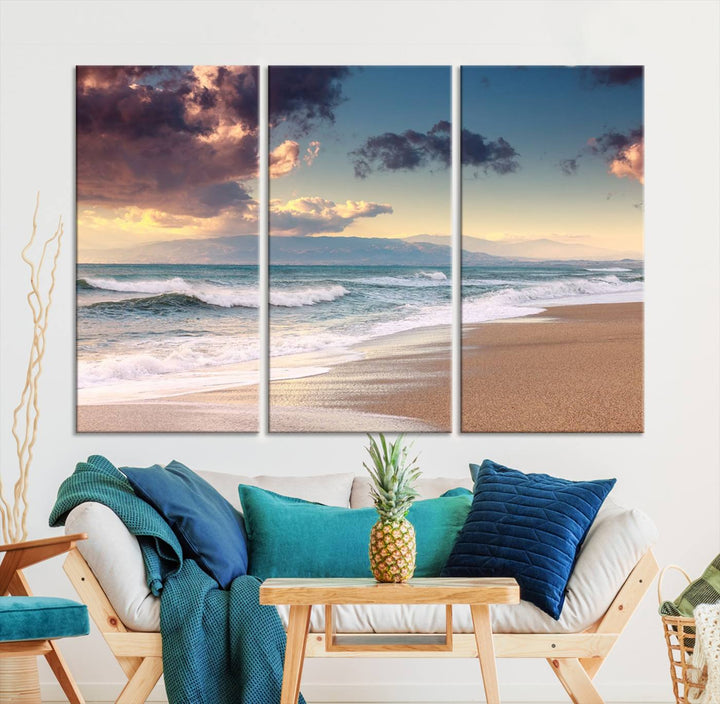 Arte de la pared del amanecer del atardecer de la playa del clima nublado Lienzo