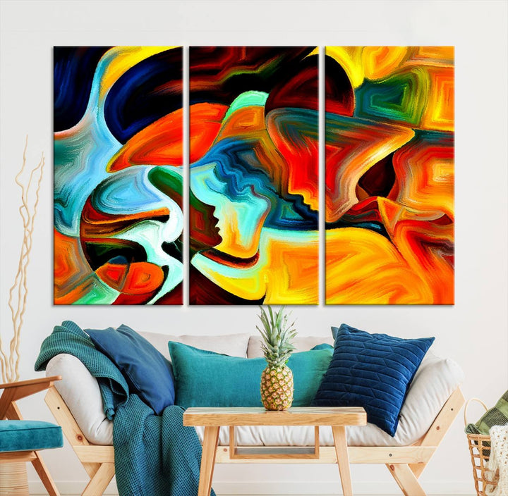 The "Human Love Figures Abstract Wall Art Canvas Print" adds a stylish touch to the dining area, featuring vibrant three-panel artwork on museum-quality canvases with UV-protective coating.